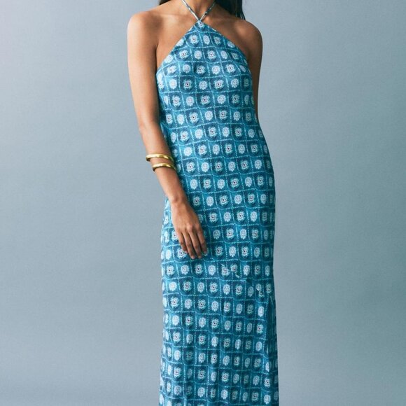MNG NWT Blue White Halter Printed Maxi Dress Size S - Picture 1 of 8